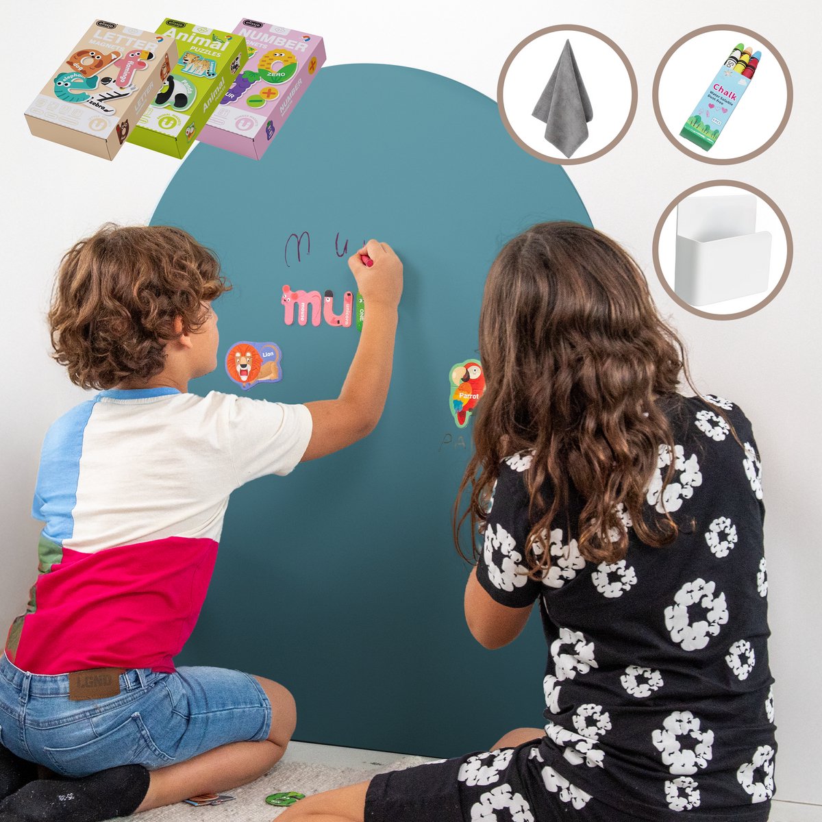 Elissio® Magneticoo Magnetische Muursticker 100x80 cm - Magneetsticker met krijtbordfunctie - Turquoise - Magneetbord voor Kinderkamer - Boogvorm - Inclusief Magnetische accessoires