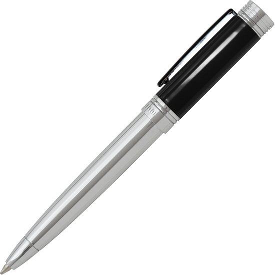 Zwarte pen met zilverkleurige body en clip, merknaam 'Cerruti' zichtbaar.
