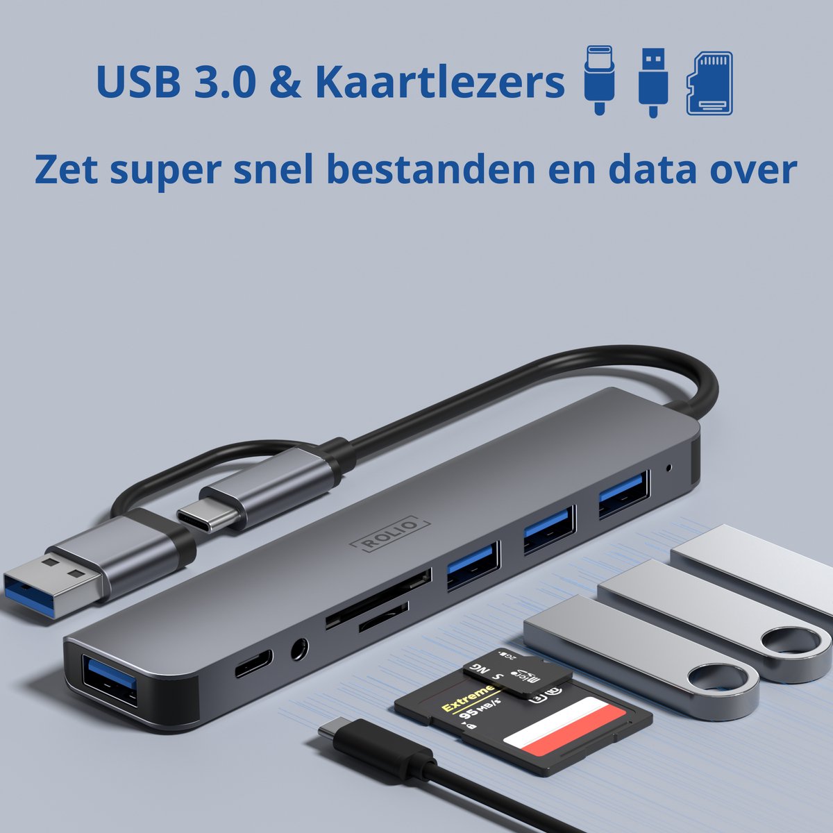 USB-C hub 8-poorts met 4x USB-A, 2x SD/TF kaartlezer, 3.5mm Aux, USB-A converter – universeel, compact, space grey - Afbeelding 5