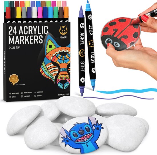 NAPI 24 marqueurs acryliques et 12 pierres Happy Stones - Dual pointe - Marqueurs jumeaux - Marqueurs de peinture - Peinture des Marqueurs avec des Marker de Peinture Acryl - Adultes et Enfants - Comprend 2 Modèles mandala