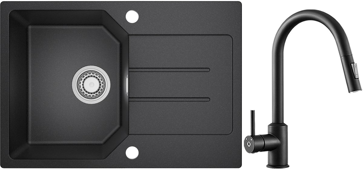 ANYCEE MAX Granieten Spoelbakken 65 x 45 cm - Spoelbakken Keuken Met Keukenkraan - Spoelbak Keuken Met Snijplank en Waterafvoersysteem - Zwart