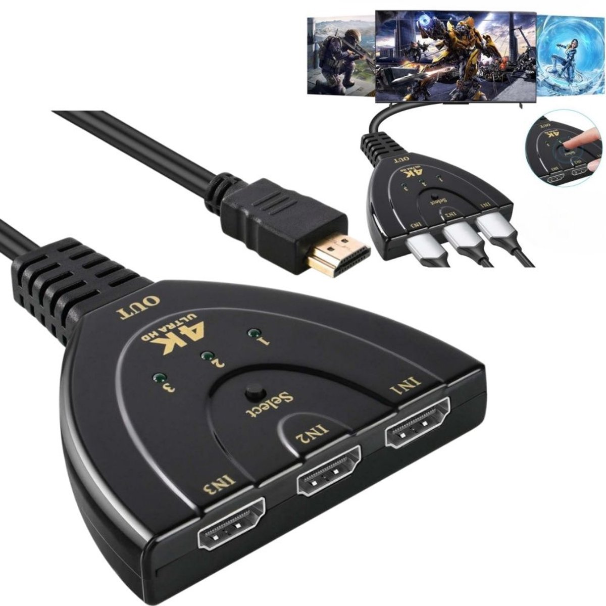 1 stuk 3-poorts HDMI-switch - Hogesnelheidstransmissieadapter - Audio-/video-apparaatsplitter - High-Definition signaalswitcher - 8,2 * 6,3 * 55 cm - Voor Xbox/PS/Blu-ray-spelers en andere apparaten - Zwart