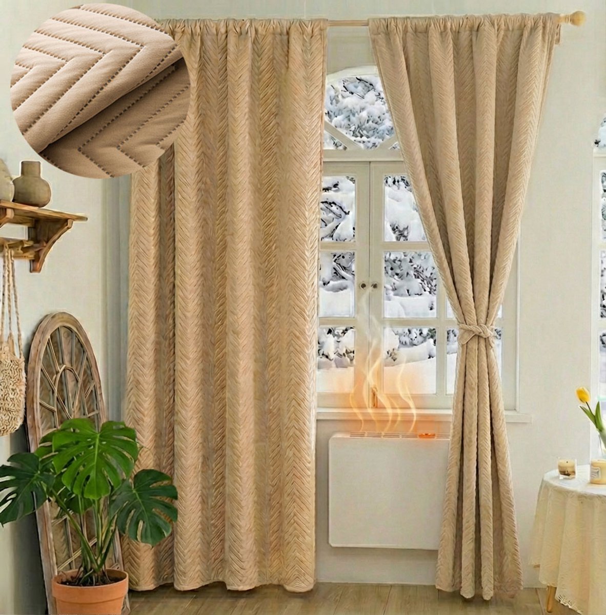 MUPOO isolerende thermische gordijnen verduisterend - 350gsm Zwaar Gequilt Pluche -Tochtwerend gordijnen tegen kou Voor woonkamer en slaapkamer -beige-140x175cm -2 stuks