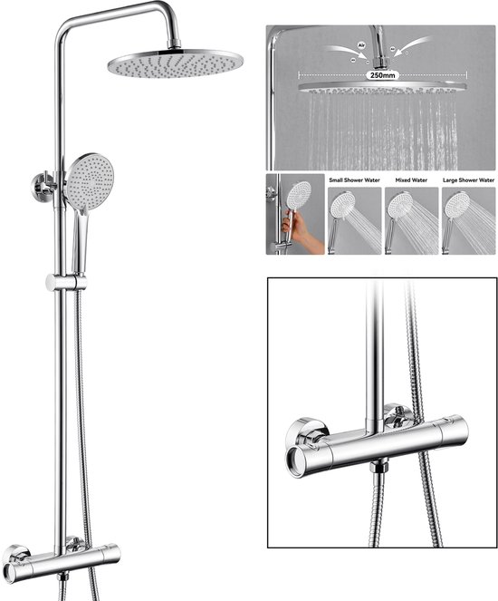 Glanzende chromen doucheset met regendouche, handdouche en thermostaat.