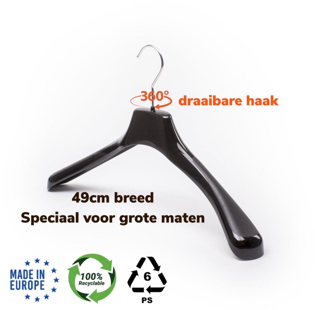 [Set van 10] XL Luxe en stevige zwarte kunststof kledinghangers / kleerhangers / jashangers / garderobehangers met extra brede schouders en uitgevoerd met een zilveren draaibare haak