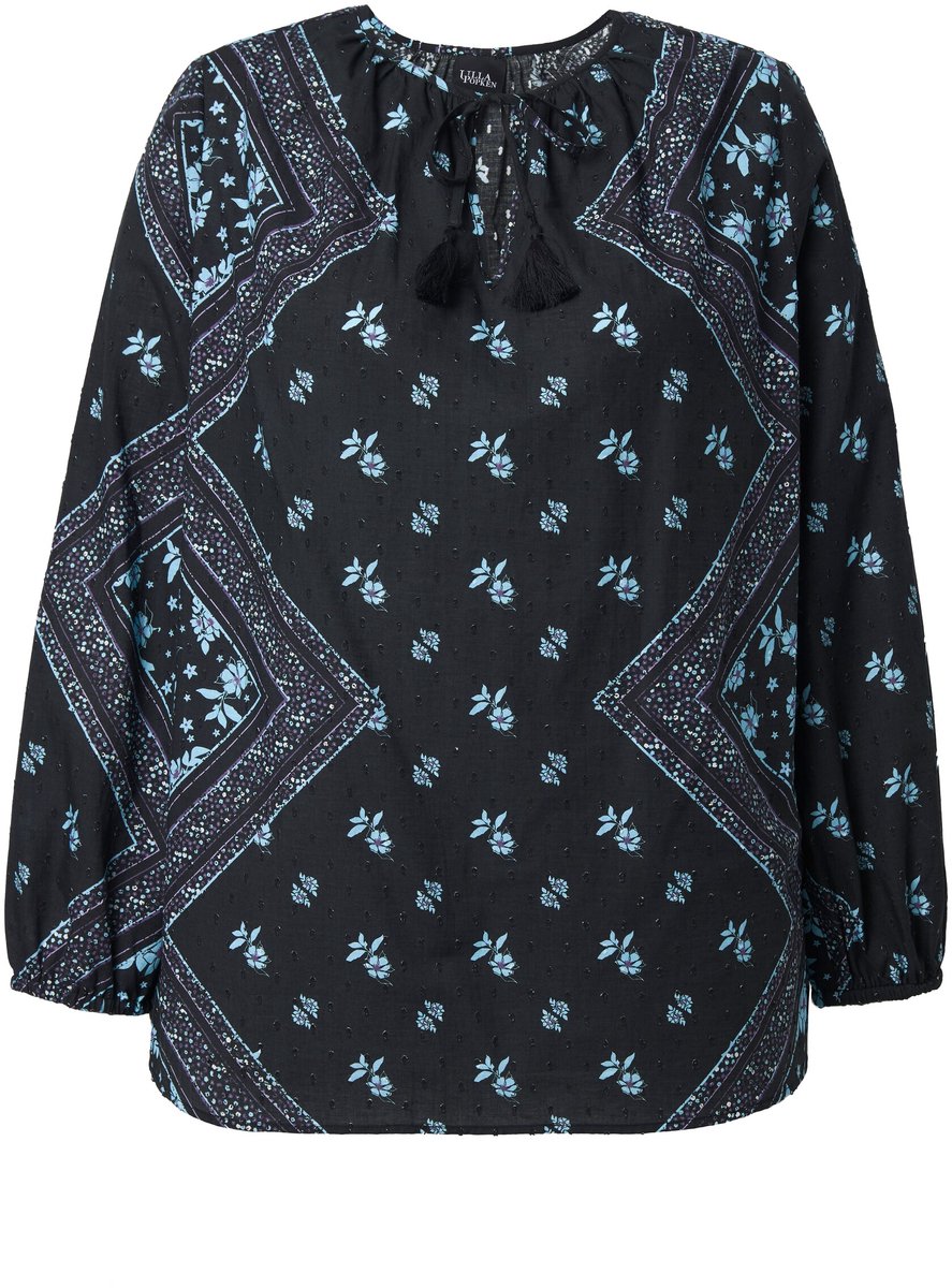 Ulla Popken - Dames - Blouse A-lijn tuniekhals lange mouw - Zwart - Maat 42+