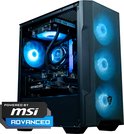 Zwarte computerkast met drie blauw verlichte front fans en binnenin verlichte componenten, met 'POWERED BY MSI ADVANCED' logo.