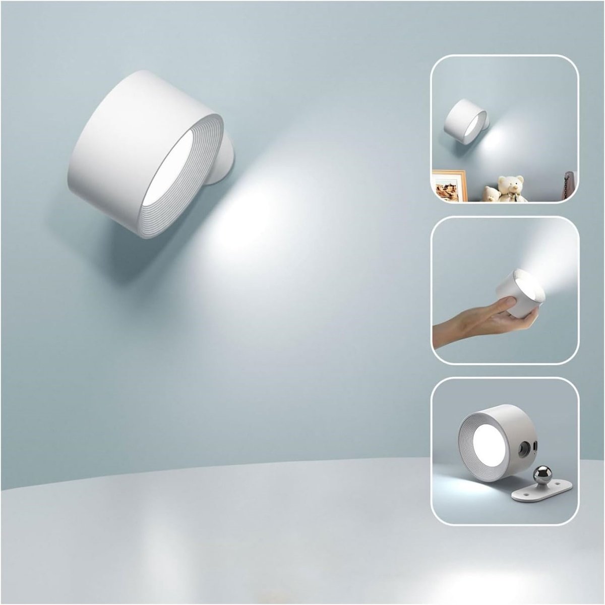 GELLDG LED-wandlamp geschikt voor binnen - Oplaadbare - Touchbediening - Helderheidsregeling met 3 standen - 360° draaibaar - Geschikt voor woonkamers, slaapkamers, trappenhuizen en gangen - Draadloze wandlamp - Wit