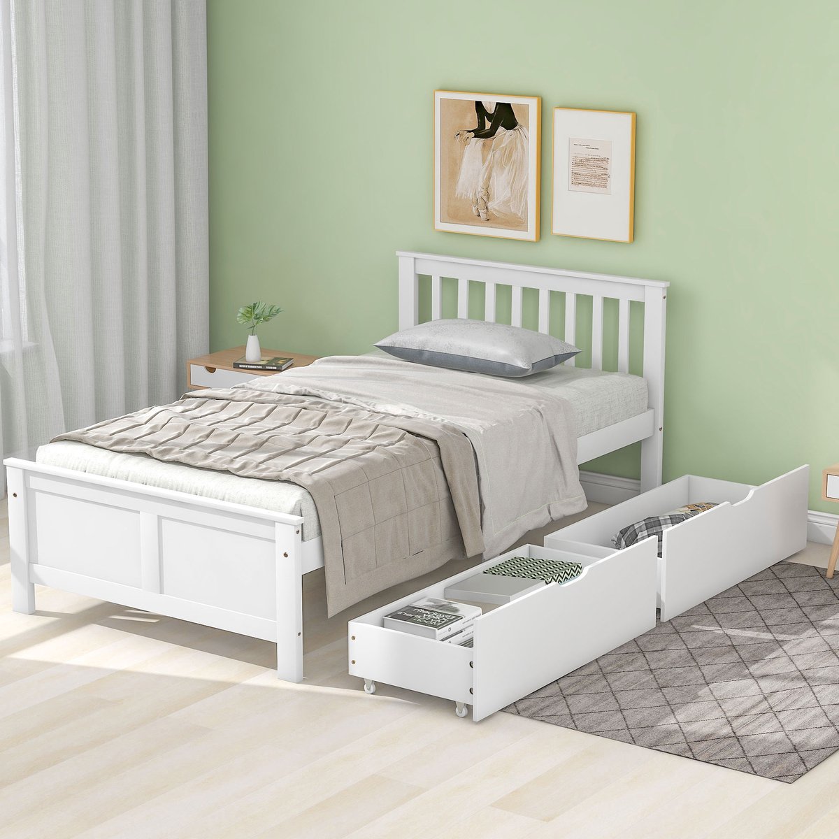 Houten bed 90x200 cm - eenpersoonsbed - met opberglade - wit - zonder matras