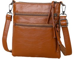 Gigicial Dames crossbody tas - multi-compartiment tas van echt leer - mini telefoontasje met verstelbare schouderband - 1 stijl - dagelijks gebruik + bruin