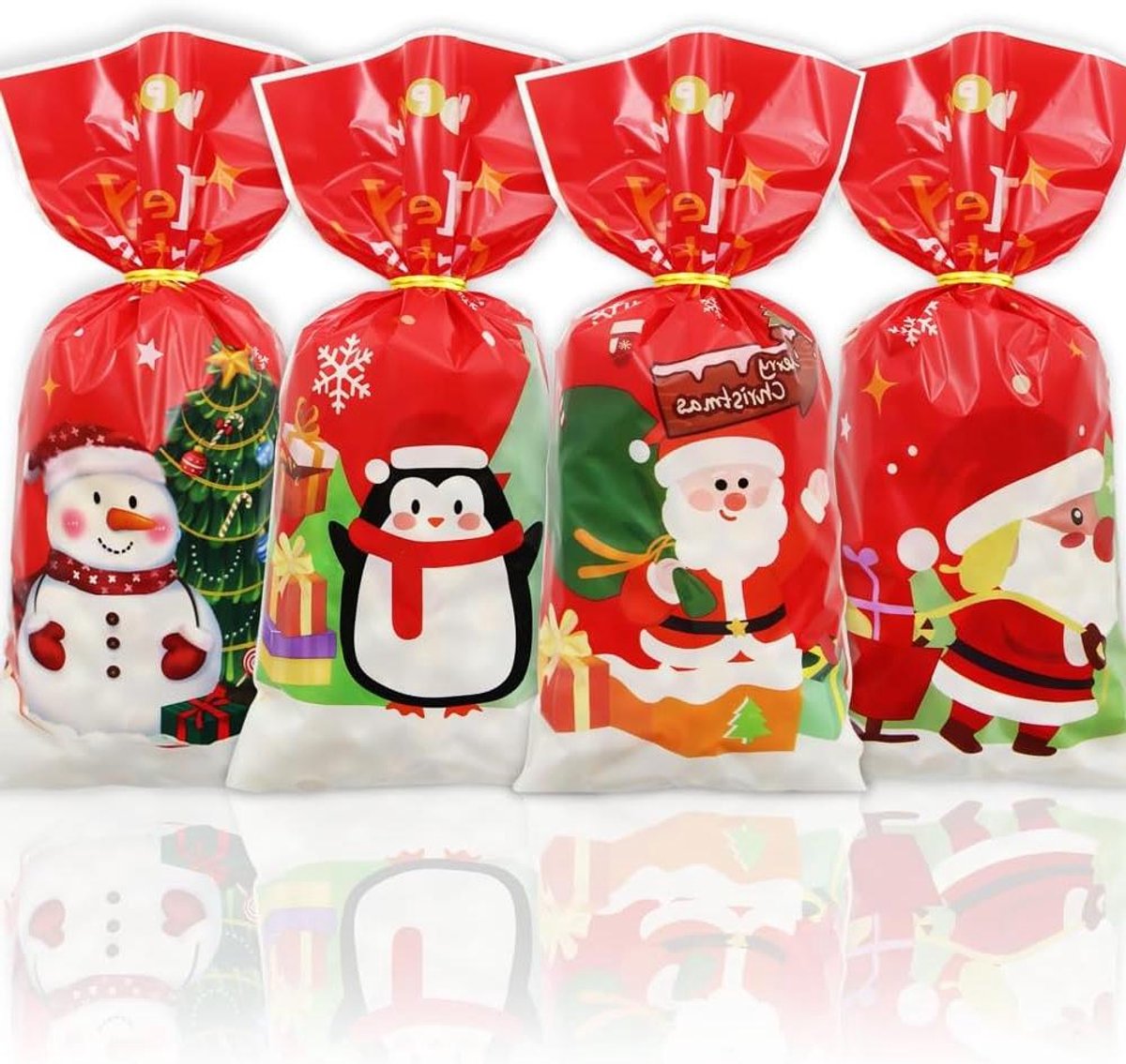 Cosensi - Kerstsnoepzakjes 50 stuks, 4 stijlen Kerstman en Sneeuwpenguin, Rode goodiezakken met gouden twistbanden, Ideaal voor kerstfeest, verjaardag en vakantieviering