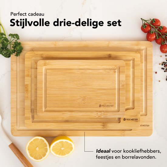 Rochester Planches à Découper en Bois – Plateau Apéritif – Planche de Service - Lot de 3 – Bambou Organique – Design Luxueux – Hygiénique et Durable