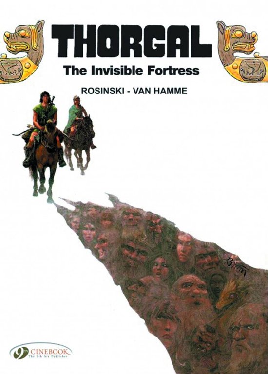 Twee ruiters te paard, met de titel 'THORGAL The Invisible Fortress' erboven, en een rotsformatie met gezichten.