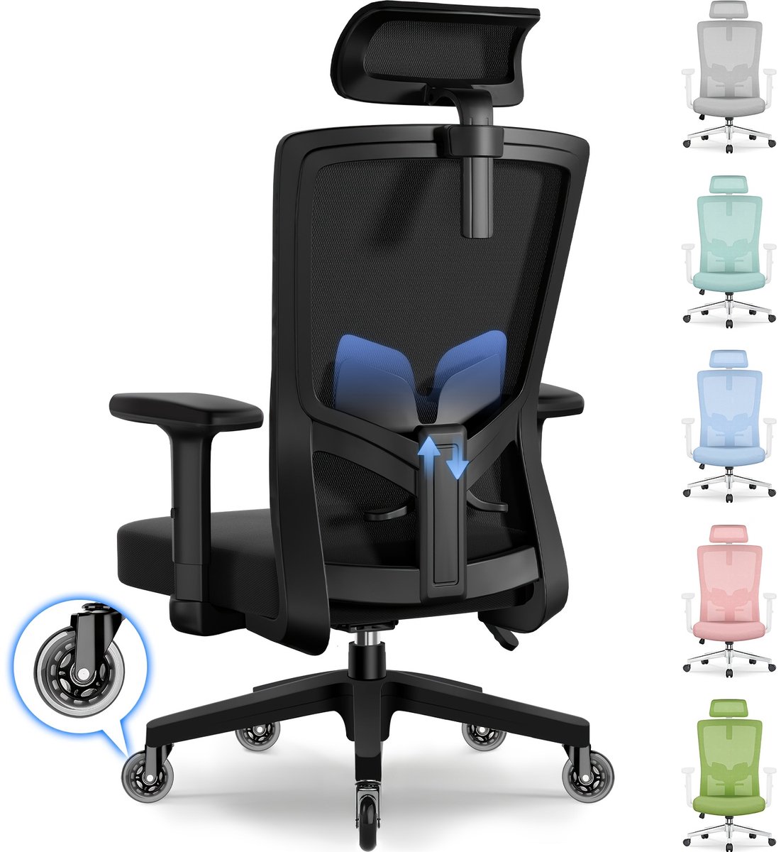 Saikefy Bureaustoel - Ergonomische bureaustoel voor volwassenen - lendensteun - Hoogteverstelbare armleuningen - Maximale kantelhoek 135° - 200 kg - Zwart