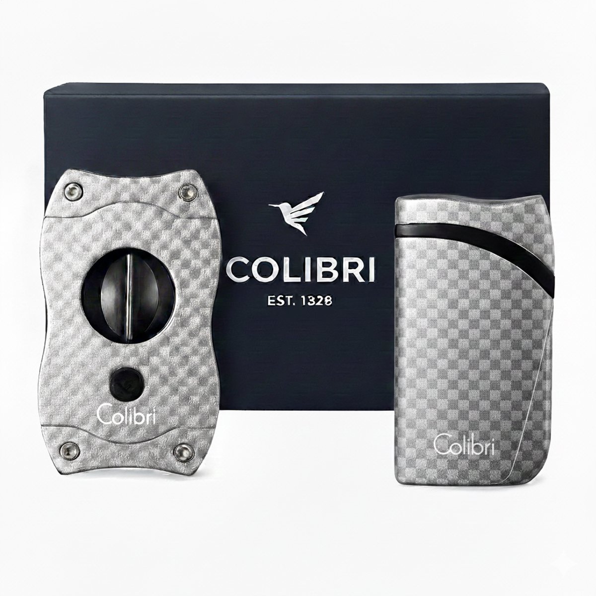 Colibri Falcon sigarenaansteker & V-cut sigarenknipper geschenkset mannen - windbestendig stormaansteker - carbon fiber zilver - aansteker getest tot 3000m hoogte - de ultieme vaderdag cadeau voor mannen