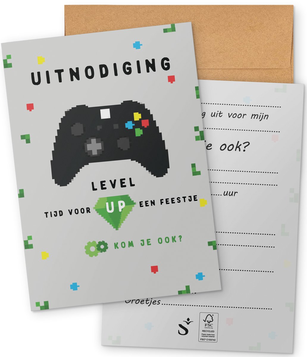 Systemyze 15x Uitnodiging Kinderfeestje Jongen – Uitnodigingskaarten Verjaardag – Thema Gaming – A6 Formaat