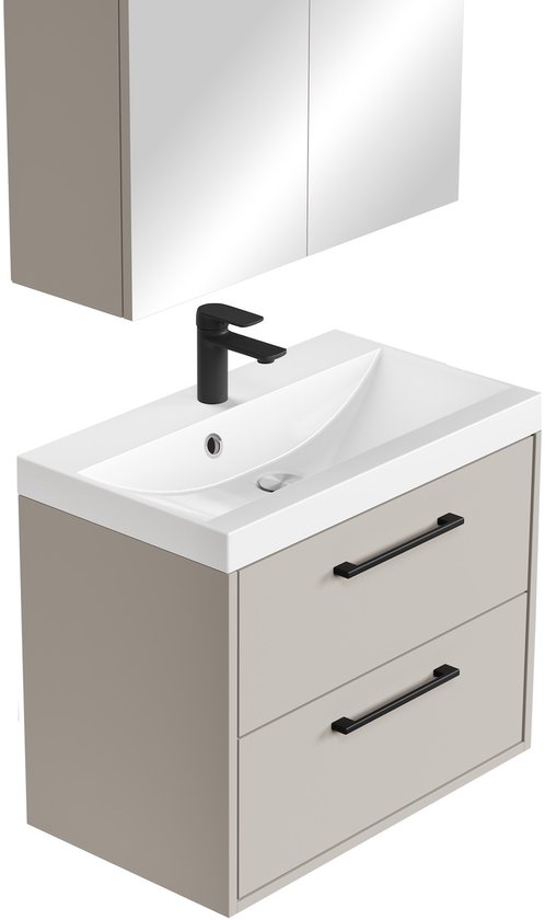 Beige badkamermeubel met twee lades, witte wasbak met zwarte kraan en spiegelkast.