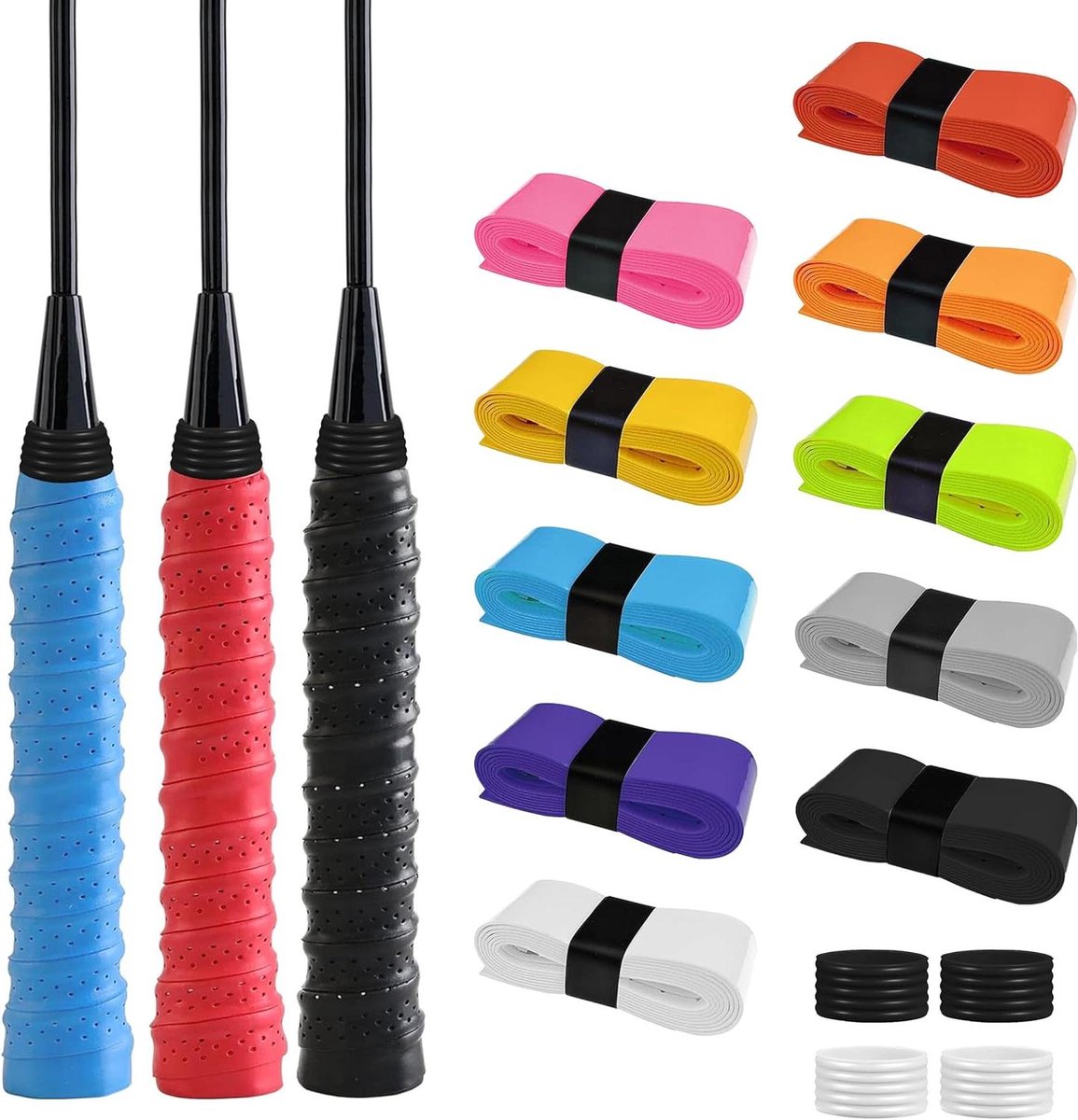 Antislip Tennis Grip Tape Set van 10 Stuks - Multikleurig met Tennisracket Siliconen Ringen - Badminton Racket Gripband Op Maat - Zelfklevend - Geschikt voor Tennis en Badminton - Verbeterde Grip - Duurzaam Materiaal