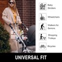 Vrouw met kinderwagen, met twee kinderwagenhaakjes eraan. Rechts pictogrammen voor kinderwagens, rolstoelen, rollators, winkelwagentjes en fietsen. Text 'UNIVERSAL FIT'.