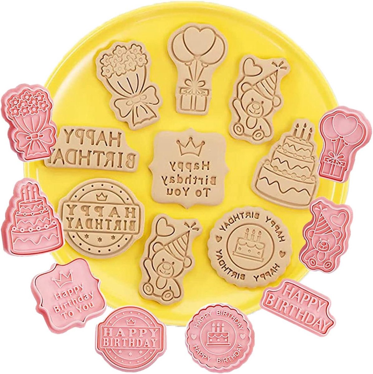 Cosensi - Verjaardag Cookie Cutters, Set van 8 stuks, 3D Biscuit Cutter kit, Koekjesvorm en reliëf Fondant Bakgereedschap paradeertijd voor DIY Biscuit Bakken.