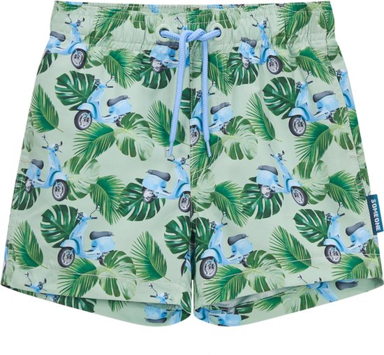 Lichtgroene zwembroek met een print van blauwe Vespa's en groene palmbladeren.
