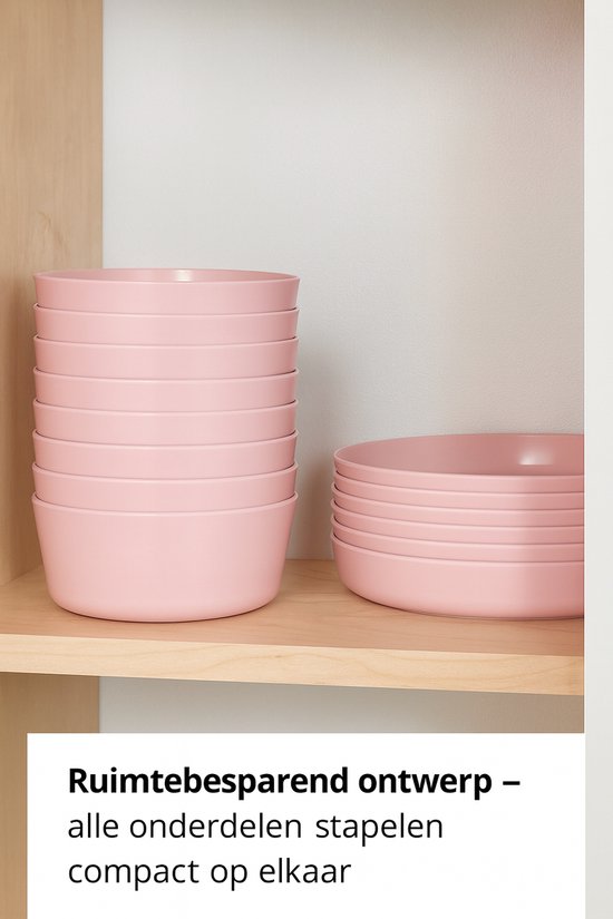 HEM 24-delig Serviesset 6 Persoons - Roze Kunststof - Picknickset - BPA-vrij & Vaatwasserbestendig - 6x Bord, 6x Kom, 6x Vork, 6x Lepel - Lichtgewicht Plastic Servies - Met HEM Opbergzak van Merkloos — afbeelding 4
