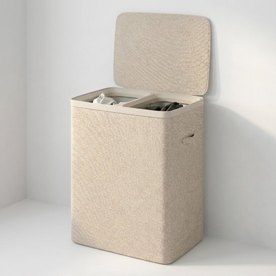MAZAZU Panier à Linge avec 2 Compartiments - 100 Litres - Bac de Tri du Linge avec Couvercle - Sacs à Linge Amovibles - Beige - Boîte de Rangement Pliable pour Salle de Bains & Chambre à Coucher - 56 * 40 * 67 cm