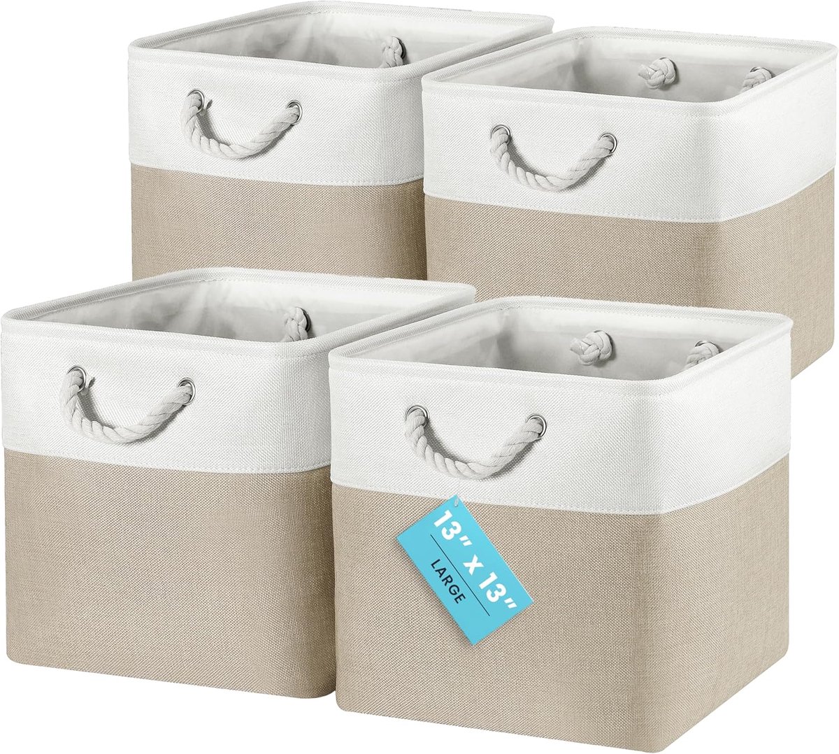 Famanu - Kubus opbergmanden 33x33cm set van 4 opvouwbaar met touwhandvatten beige wit