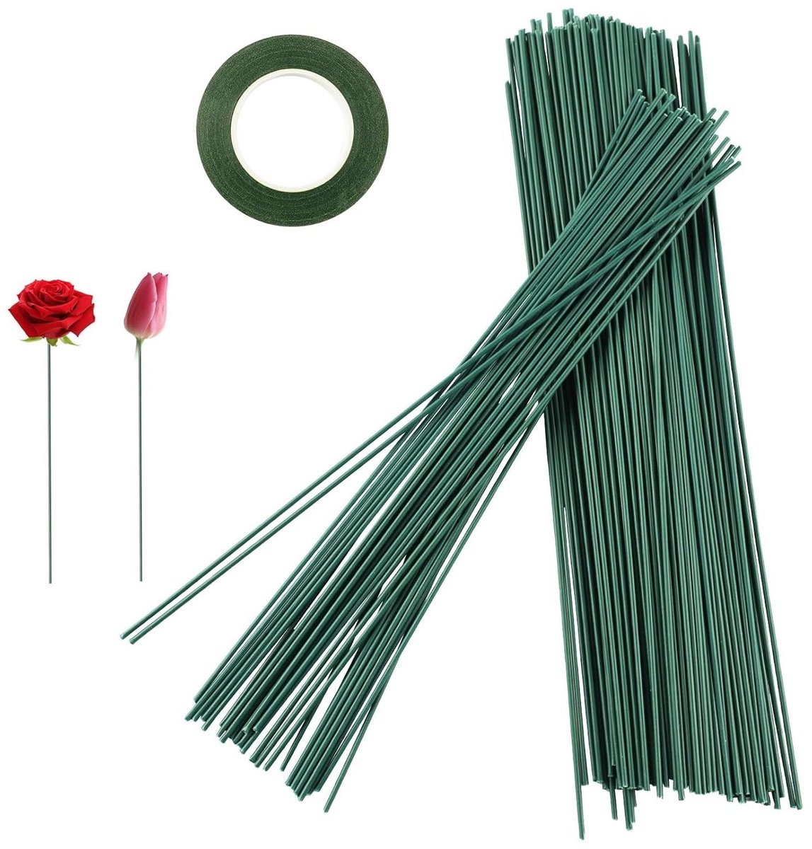 Cosensi Bloemendraad 2 mm steel 30 cm lang Groen 150 stuks met Bloemenlint voor Boeket Any