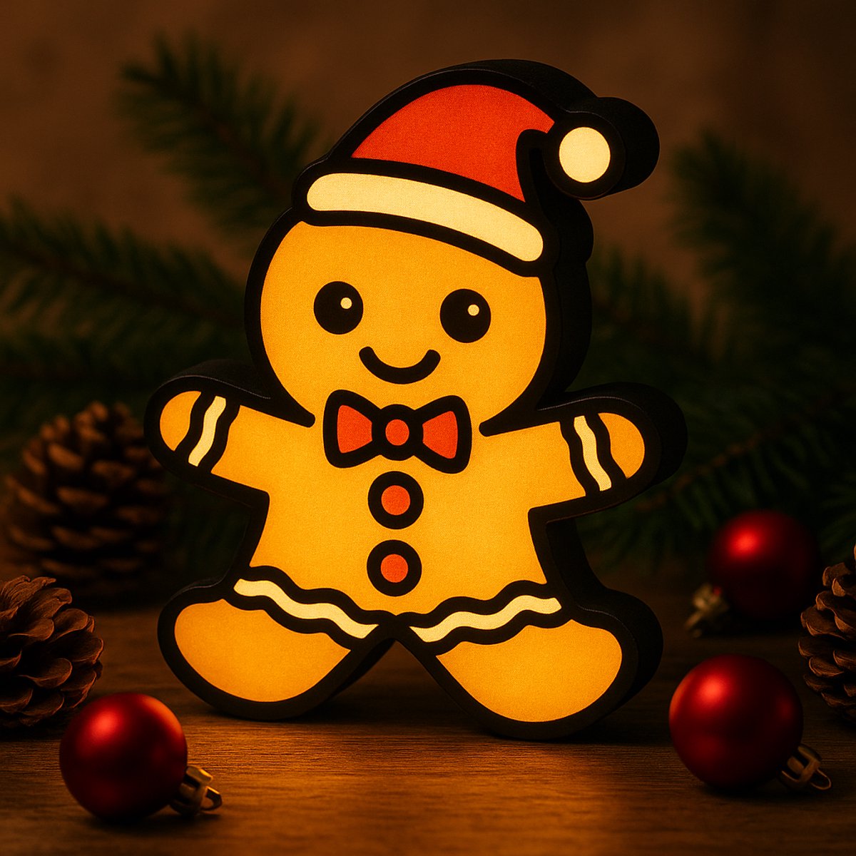 Kerst Gingerbread Santa Nachtlamp – 3D Lightbox Cartoon | Warm Wit Licht, USB – Sfeervolle