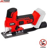 FERM - AX-POWER - JSM1037 - Accu decoupeerzaag - 20V- Snoerloos - Barrelgrip - 4 pendel posities - Variabele snelheid - Stofblaas functie - Stofzuiger aansluiting - Snelwisselsysteem - Verstelbare voet - Guard - Softgrip - Zijgeleider - 2 zaagjes