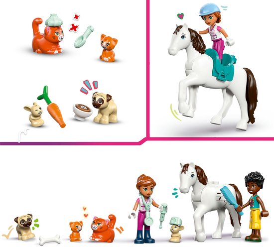 Clinique vétérinaire LEGO Friends : pièces avec animaux, figurines et clinique.