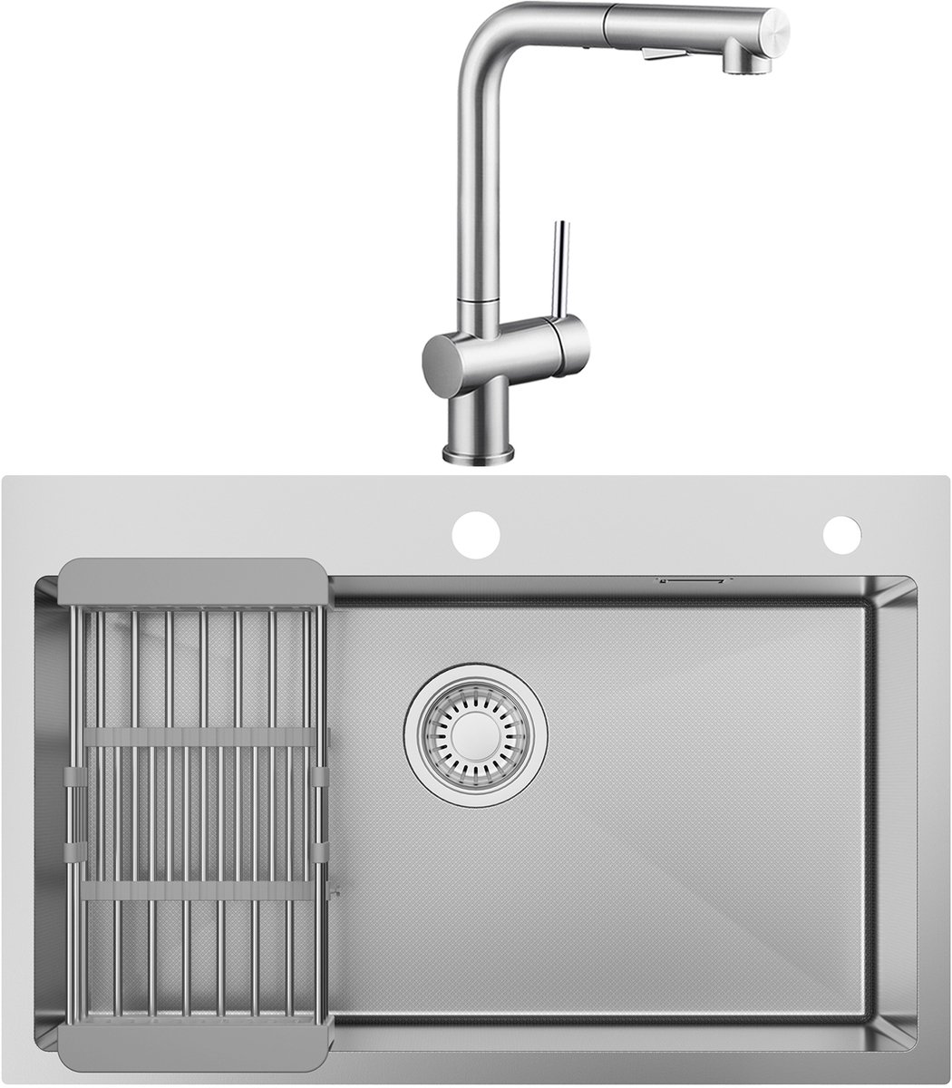 Anycee Max Spoelbak voor keuken 70*45CM - Spoelbak Keuken Met Keukenkraan met Uittrekbare Uitloop - Spoelbakken Met Afdruip en Waterafvoersysteem - Wasbak Keuken RVS