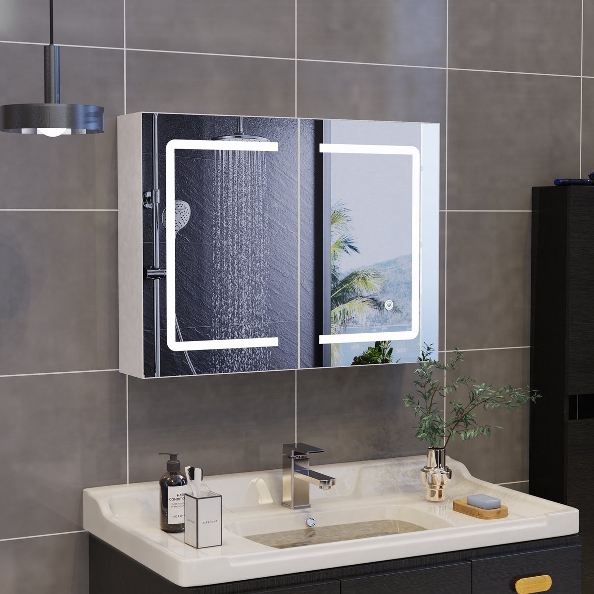 Badkamerspiegelkast met spiegel en plank, LED-verlichting badkamerkast, 80x13,5x60cm, wandkast met dubbele deur, spiegelkast, wit