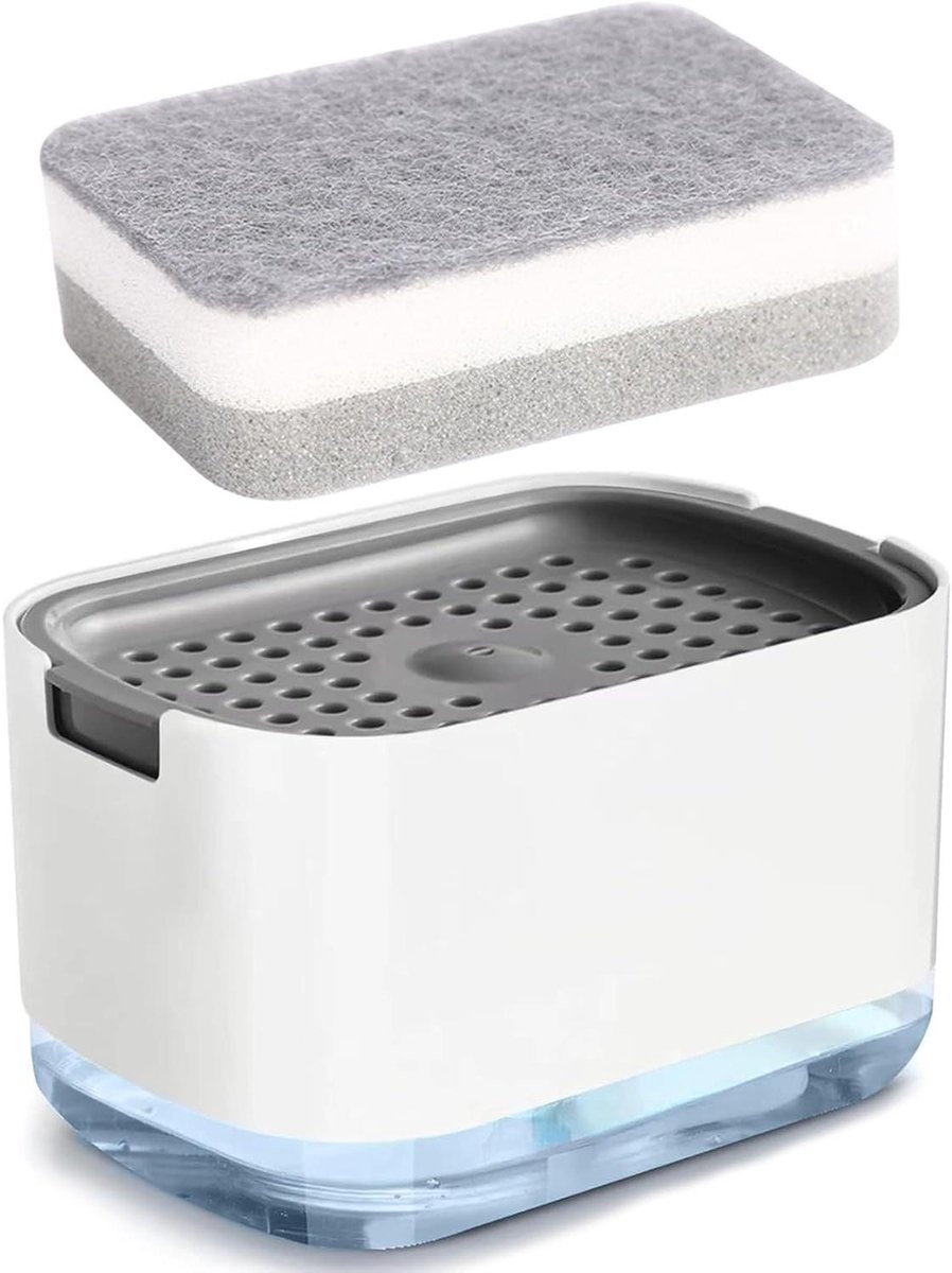Cosensi - Afwaszeepdispenser met sponshouder en 2-in-1 automatische pers - Navulbaar - Antislip - Handige accessoireset voor handwas - Wit - Voor keuken, thuis, school en kantoor