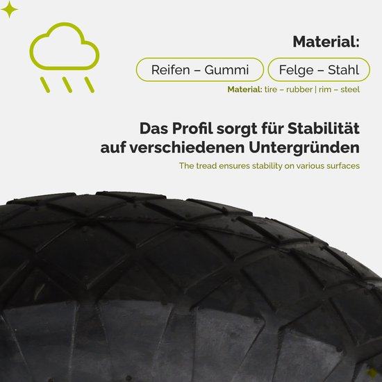 GARRONDA 2-pack zwart-groen - Vervangwiel Kruiwagen 4.80/4.00-8 Kruiwagenwiel Ø 390 mm Luchtband 4PR Band tot 120 kg met As Stalen Velg Kogellager voor Tuinwagen Erf Bouwplaats GD-0163, Zwart-Groen van Garronda — afbeelding 3