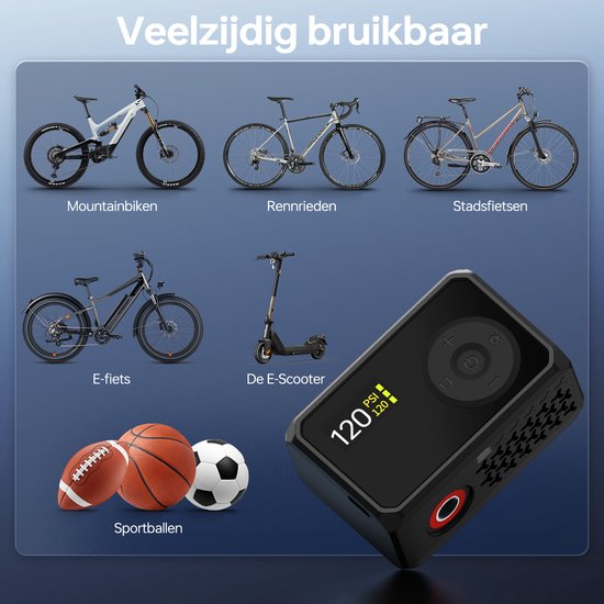 Neuda - Fietspomp Elektrisch mini -- USB C Oplaadbaar - Draagbaar - Smart Digitaal Display - Draagbare Luchtcompressor Bandenpomp - Voor Koersfiets Racefiets Gravelbike Sportfiets Stadsfiets Mountainbike E-bike E-scooter Ballen van Merkloos — afbeelding 5