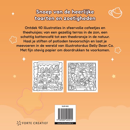 Achterkant van het kleurboek 'Cozy & Cute in de Bakkerij', met beschrijving en voorbeelden van illustraties.