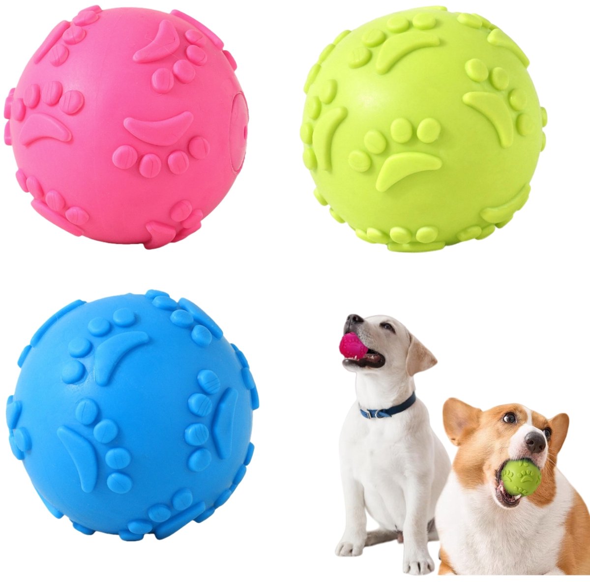 3-delig - Piepende hondenbal - Speelgoedbal - Piepende hondenbal - Piepende speelgoedbal - Huisdierspeelgoed - Interactieve bal - TPR-materiaal - Diameter 6 cm - Geschikt voor kleine tot middelgrote honden en puppy's - Roze/Blauw/Groen - Bolvormig