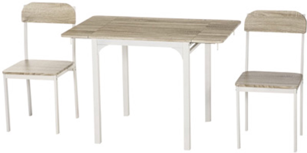 Eettafelset 3-delig, inclusief 2 stoelen en 1 tafel, opklapbaar tafelblad, geschikt voor keuken en eetkamer, 70-110 x 70 x 75 cm (tafelmaat), 47 x 40 x 84 cm (stoelenmaat), wit, MDF.