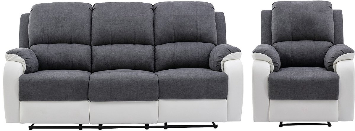 Vente-unique Driezits-relaxbank en -fauteuil van microvezel en grijs en wit kunstleer BRODY