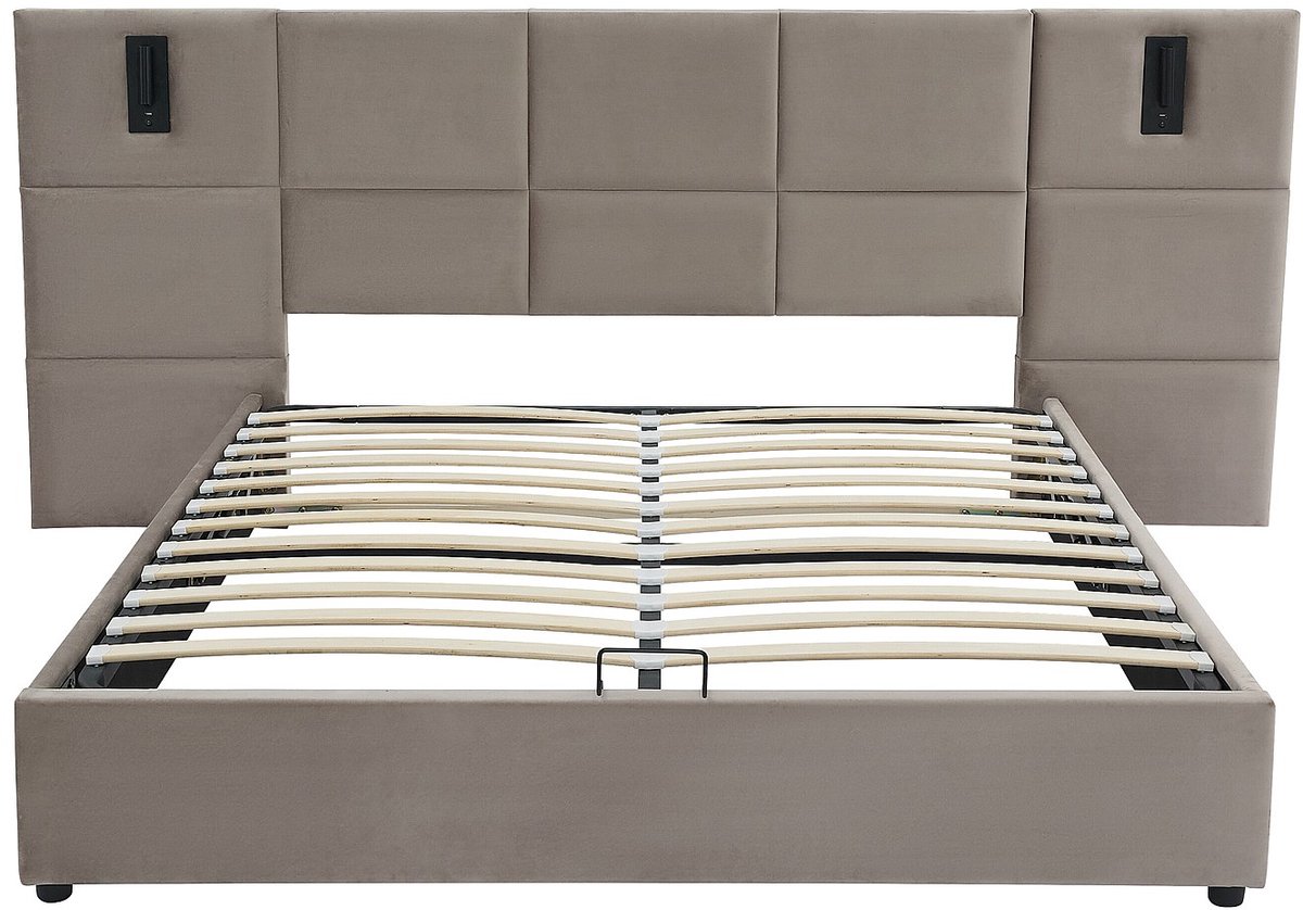 Vente-unique Bed met opbergruimte fluweel taupe 180 x 200 cm (Super King Size Bed)