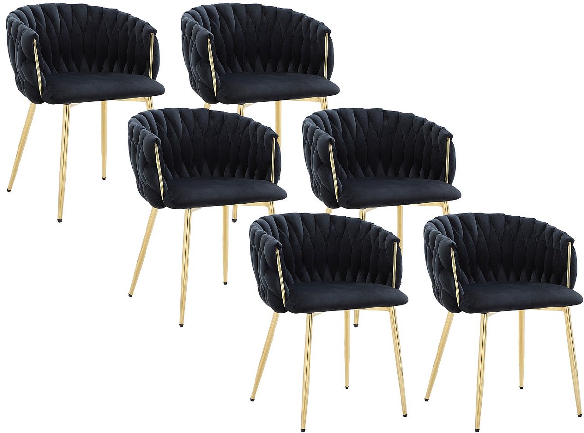 Vente-unique Set van 6 stoelen met armleuningen in fluweel en goudkleurig metaal - Zwart - ELEGANO