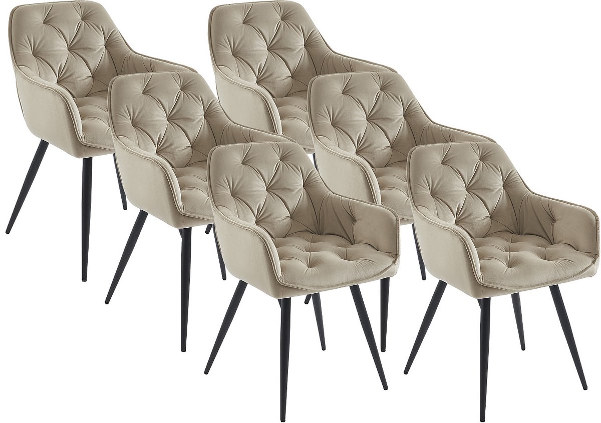 Vente-unique Set van 6 stoelen met armleuningen van fluweel en zwart metaal - Beige - MOBELIA