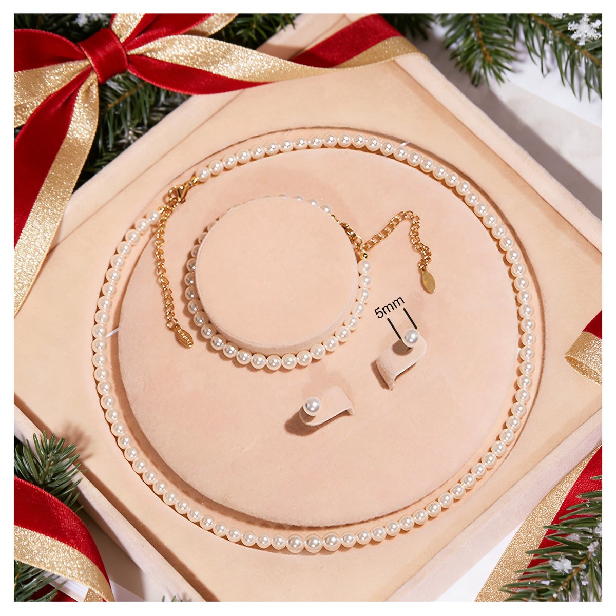 OYLCDI 5mm Natuurlijke Schelpenparel Sieradenset - kerstcadeau – Ketting, Armband & Oorbellen – Bijoux Cadeau voor Valentijn, Verjaardag & Kerst