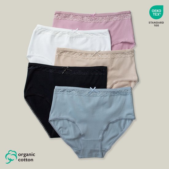 5-Pack Slips Maxi Taille Haute Femme Coton Organique - Dentelle Douce à la Taille - Ultra Doux - 9106 Taille XL