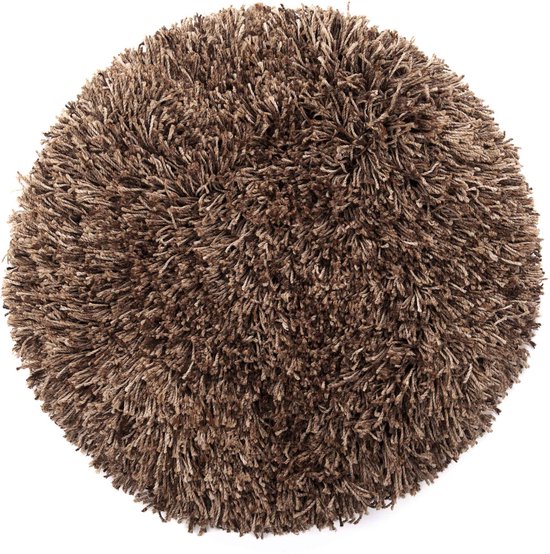 Bruine shaggy ronde badmat met lange, pluizige vezels.