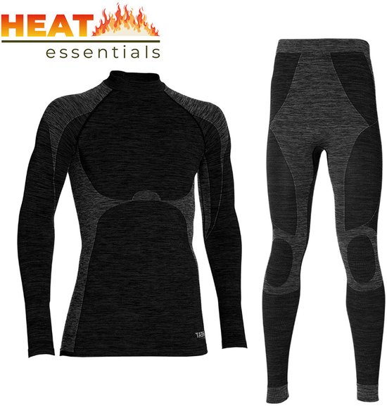 T-shirt thermique noir chiné à manches longues et pantalon Heat Essentials. Fabriqué en tissu à séchage rapide.