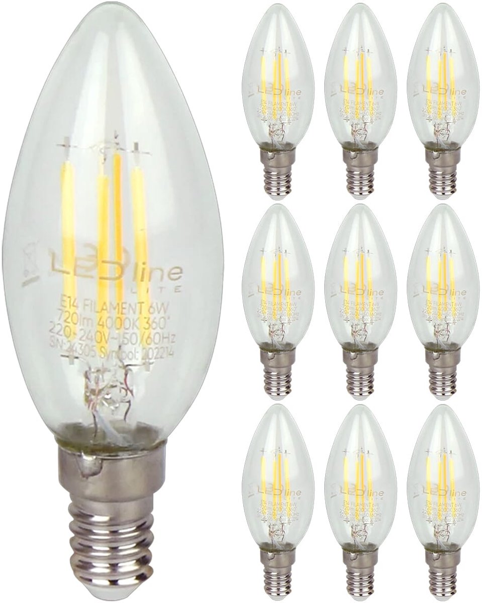 LED line LITE LED Filament Kaarslamp C35 E14 - 6W (vervangt 60W) - 720lm - Ø35mm - 230V - Energiezuinig - 10 stuks