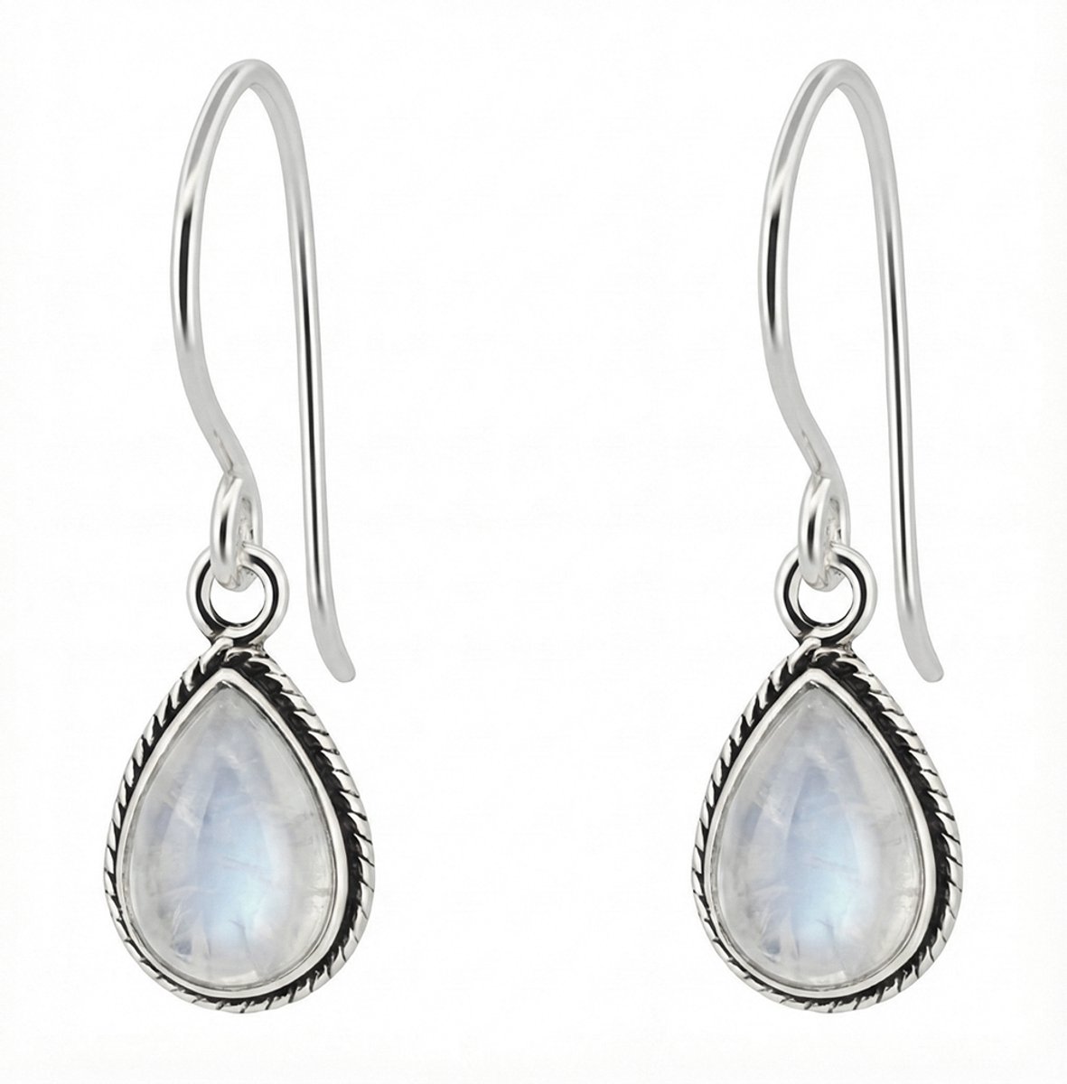 Zilveren dames oorbellen - oorhangers - kleine druppelvormige hanger - teardrop - wit parelmoer steentje